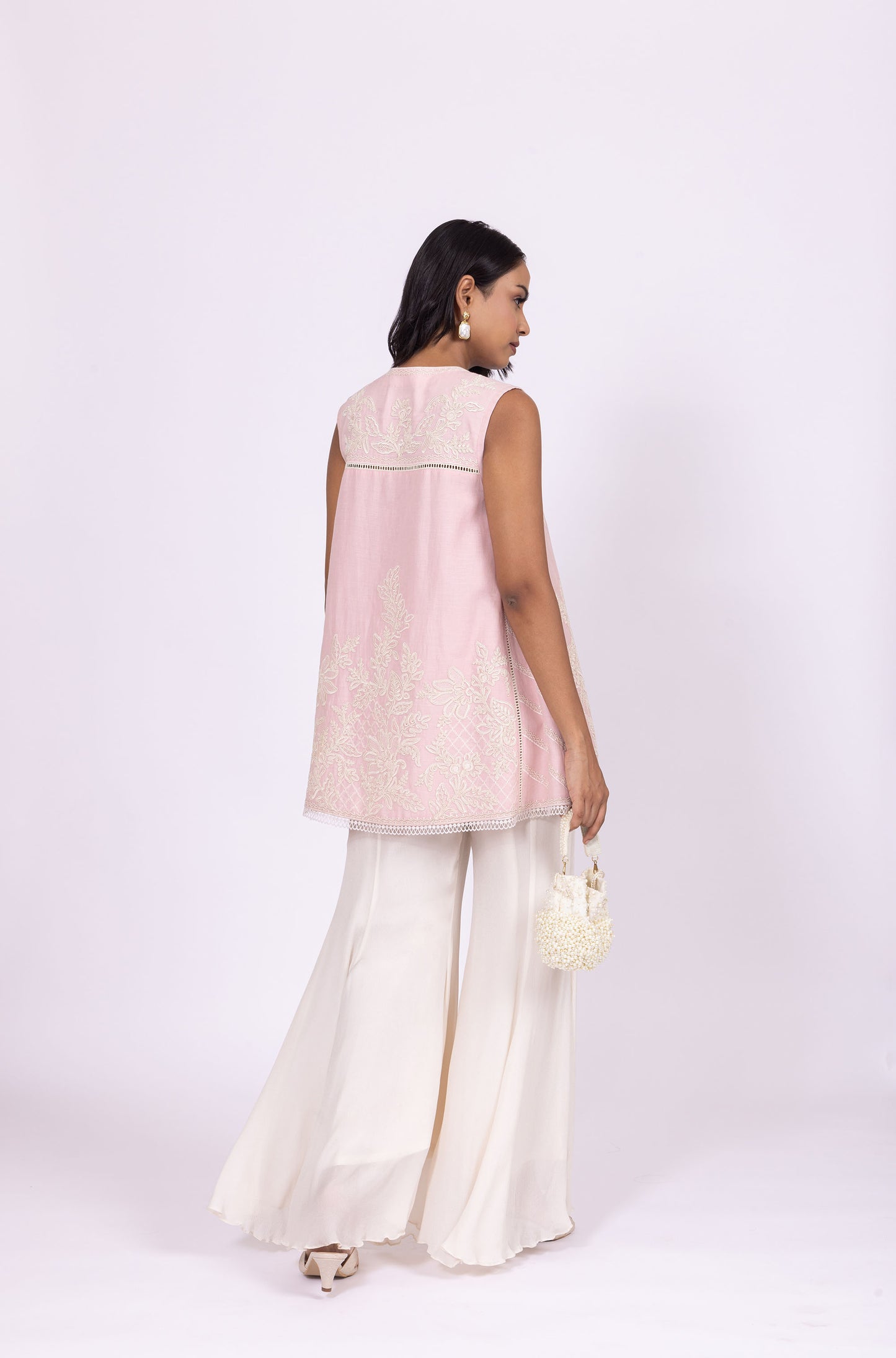 Sabr Pearl-Embellished Floral Pink Tunic & Shimmering Sharara