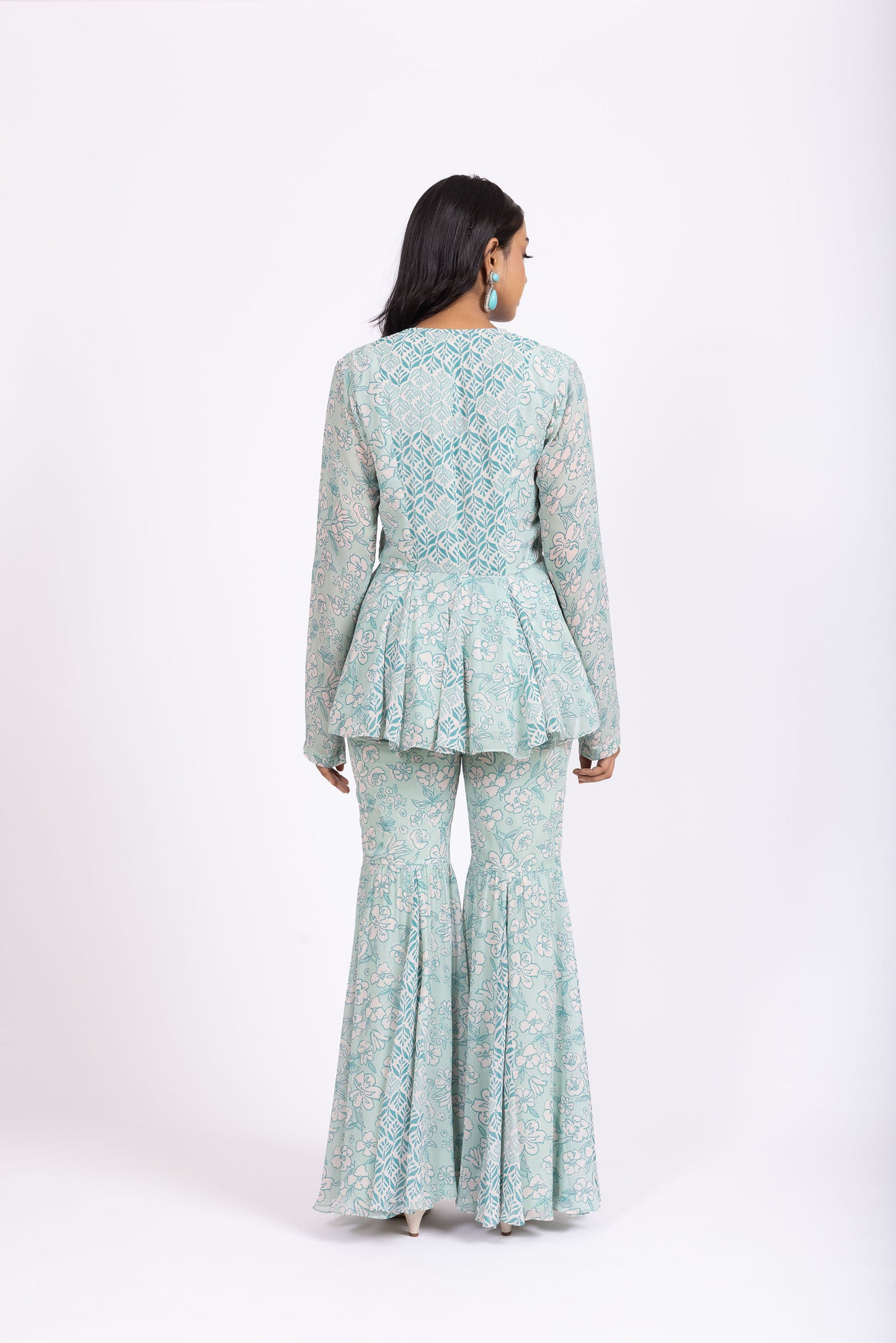 IRA Cyan Floral Peplum Top with Matching Sharara