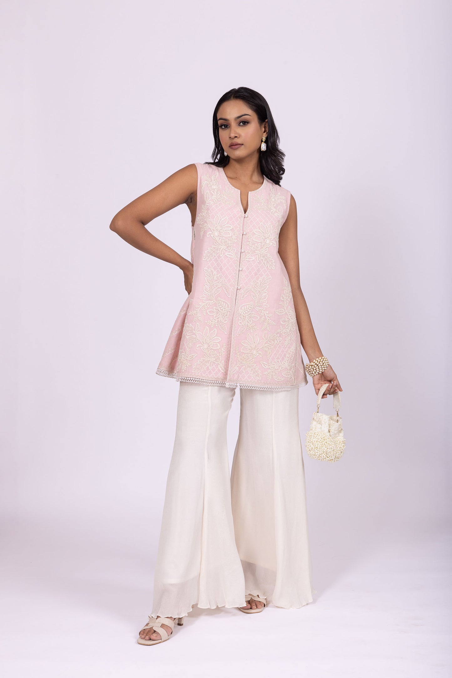 Sabr Pearl-Embellished Floral Pink Tunic & Shimmering Sharara
