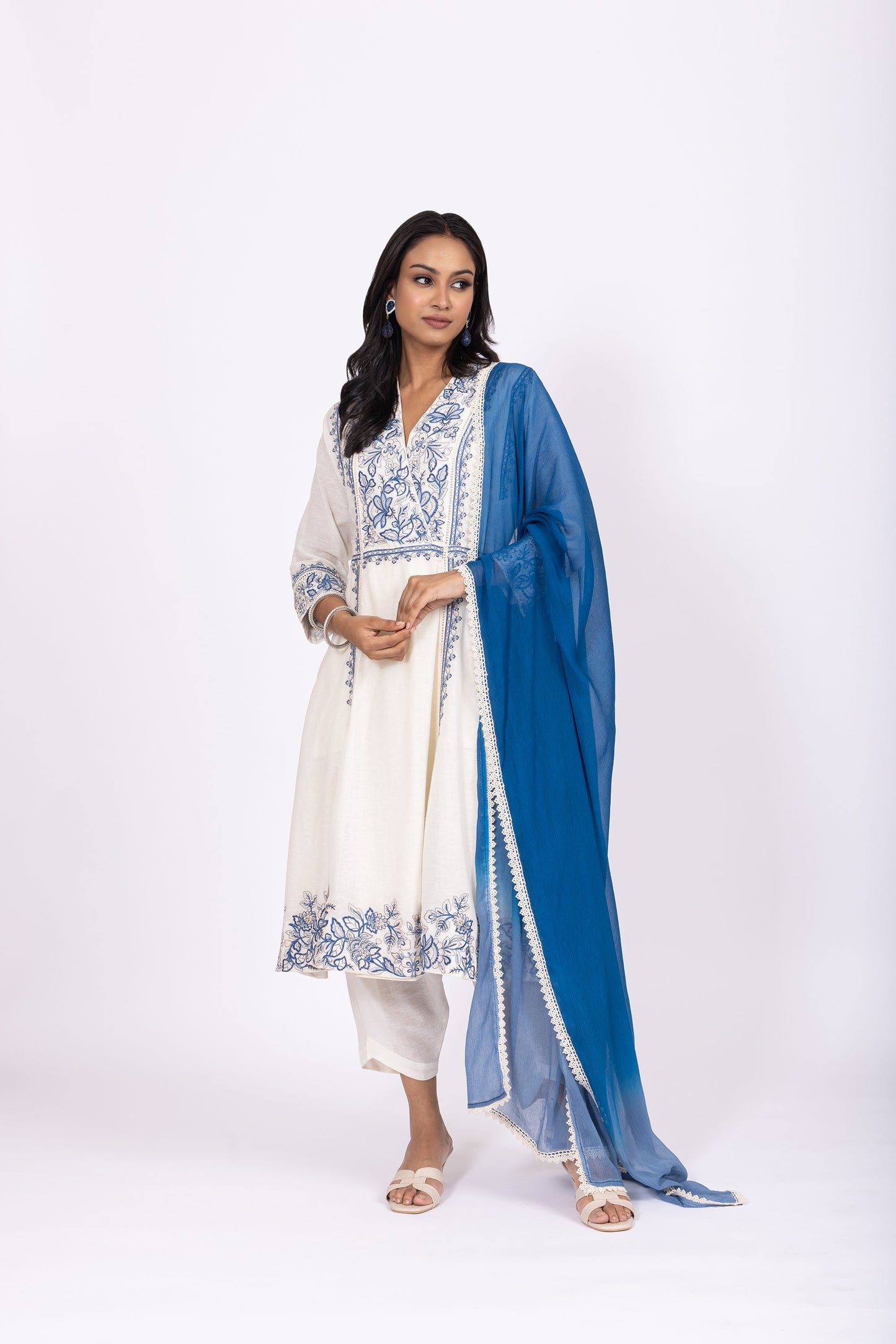 Nargis Crafted Nargis Linen Kurta Set with Striped Chiffon Dupatta