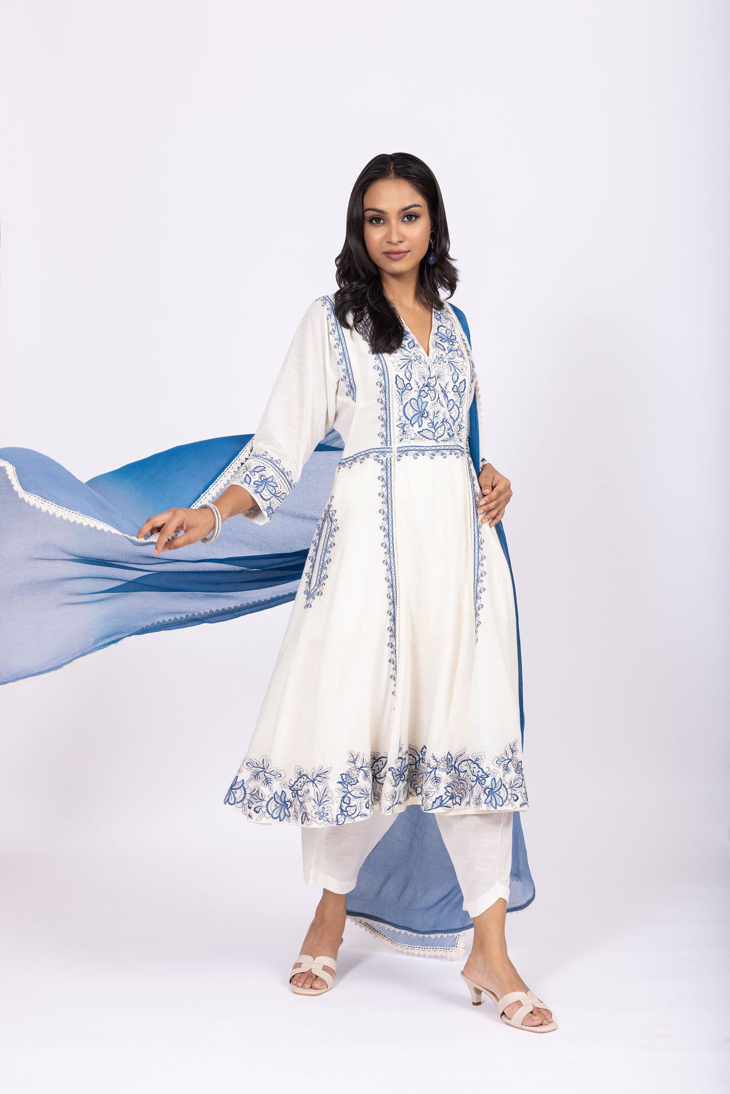 Nargis Crafted Nargis Linen Kurta Set with Striped Chiffon Dupatta