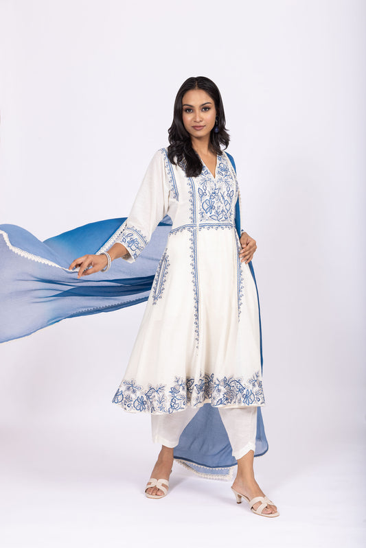 Nargis Crafted Nargis Linen Kurta Set with Striped Chiffon Dupatta