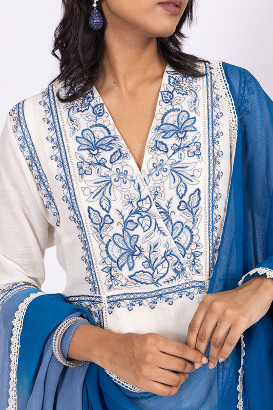 Nargis Crafted Nargis Linen Kurta Set with Striped Chiffon Dupatta