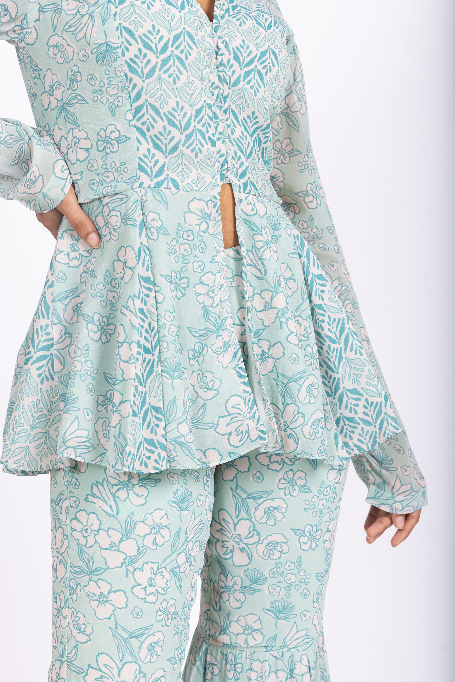 IRA Cyan Floral Peplum Top with Matching Sharara