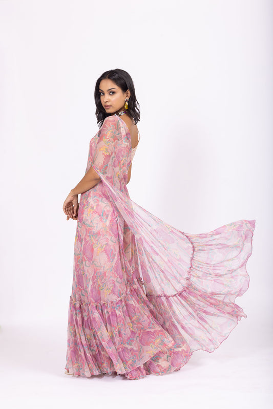 Nallini Embroidered Short Blouse with Pink Printed Jacket and Sharara Pants