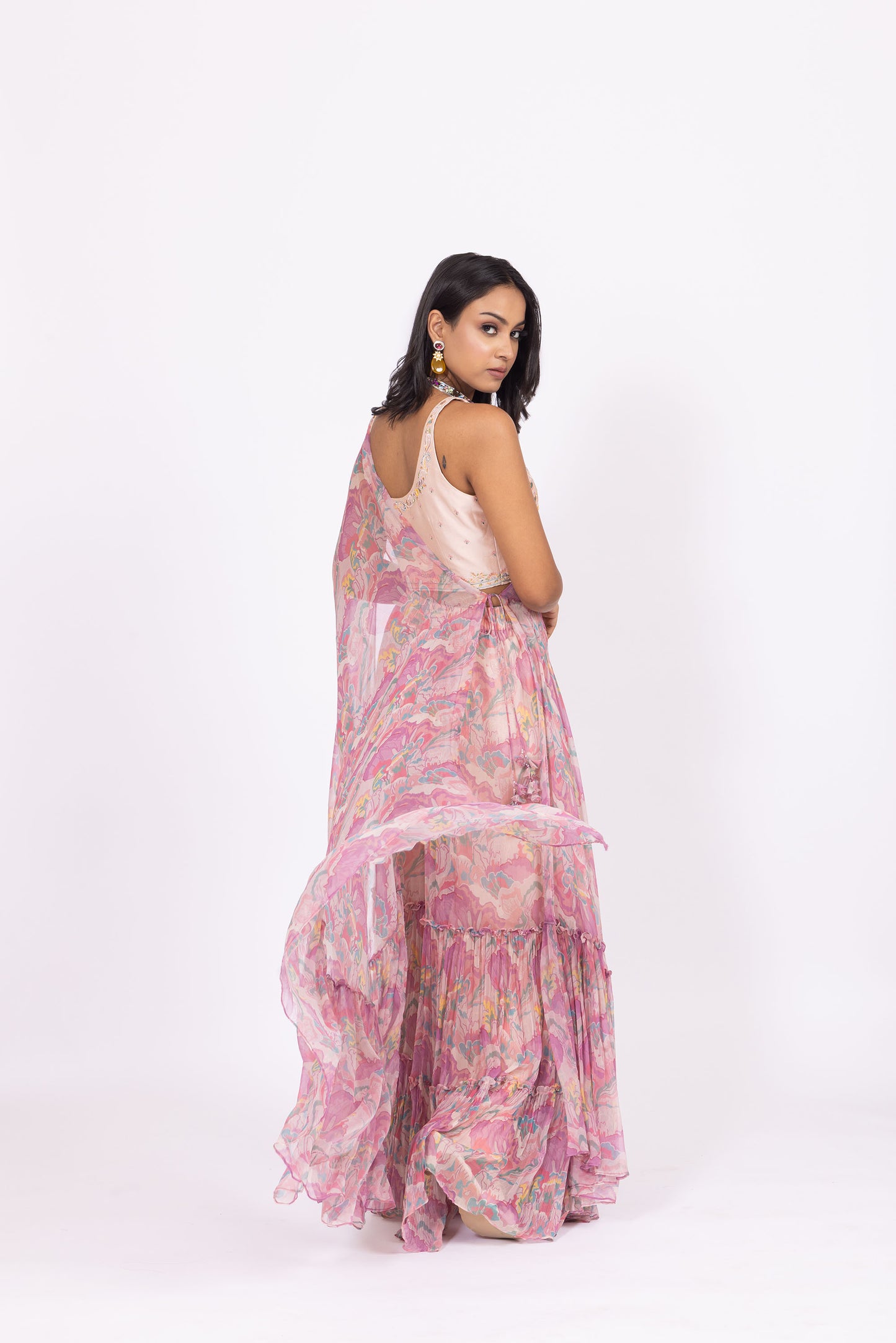 Nallini Embroidered Short Blouse with Pink Printed Jacket and Sharara Pants