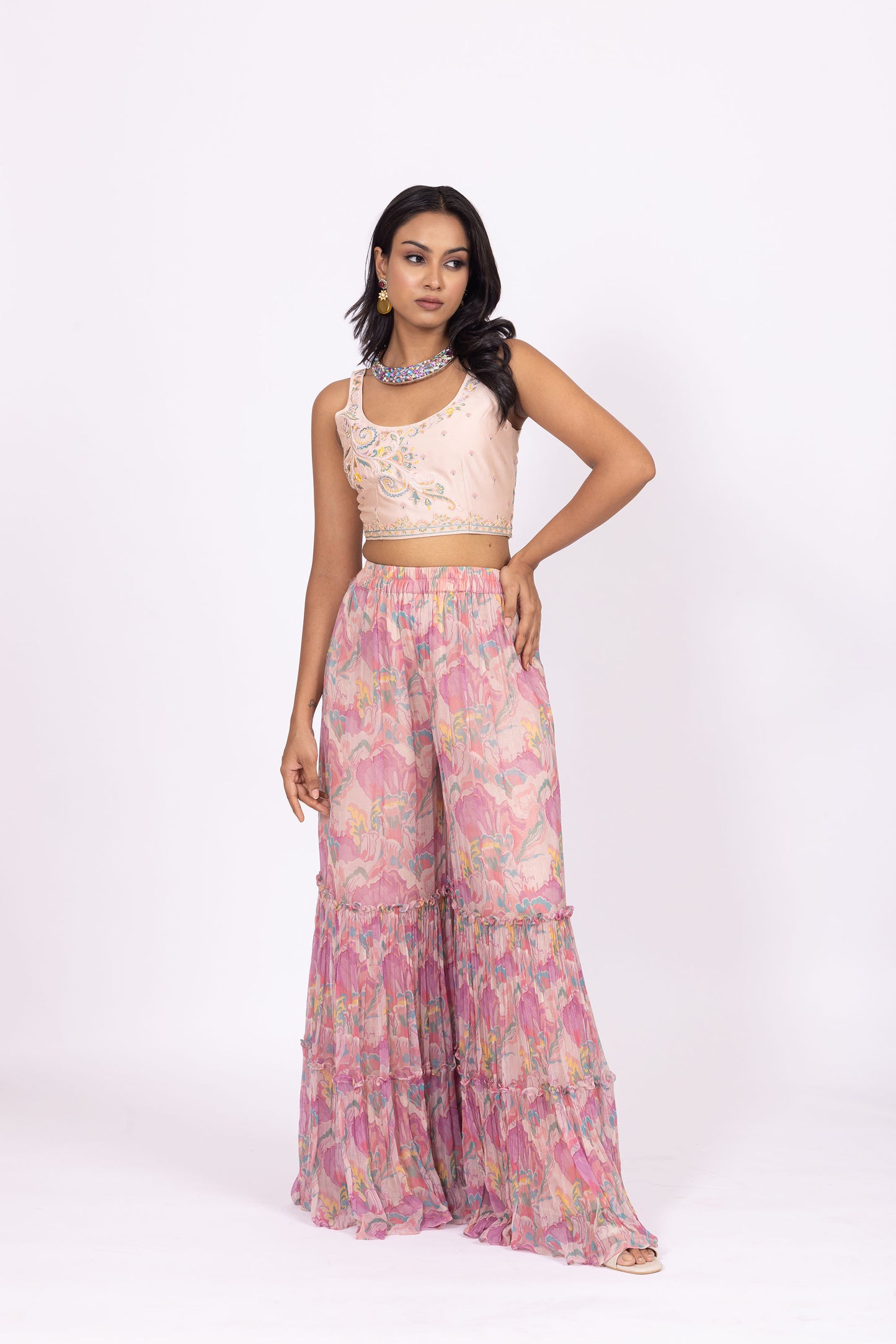 Nallini Embroidered Short Blouse with Pink Printed Jacket and Sharara Pants