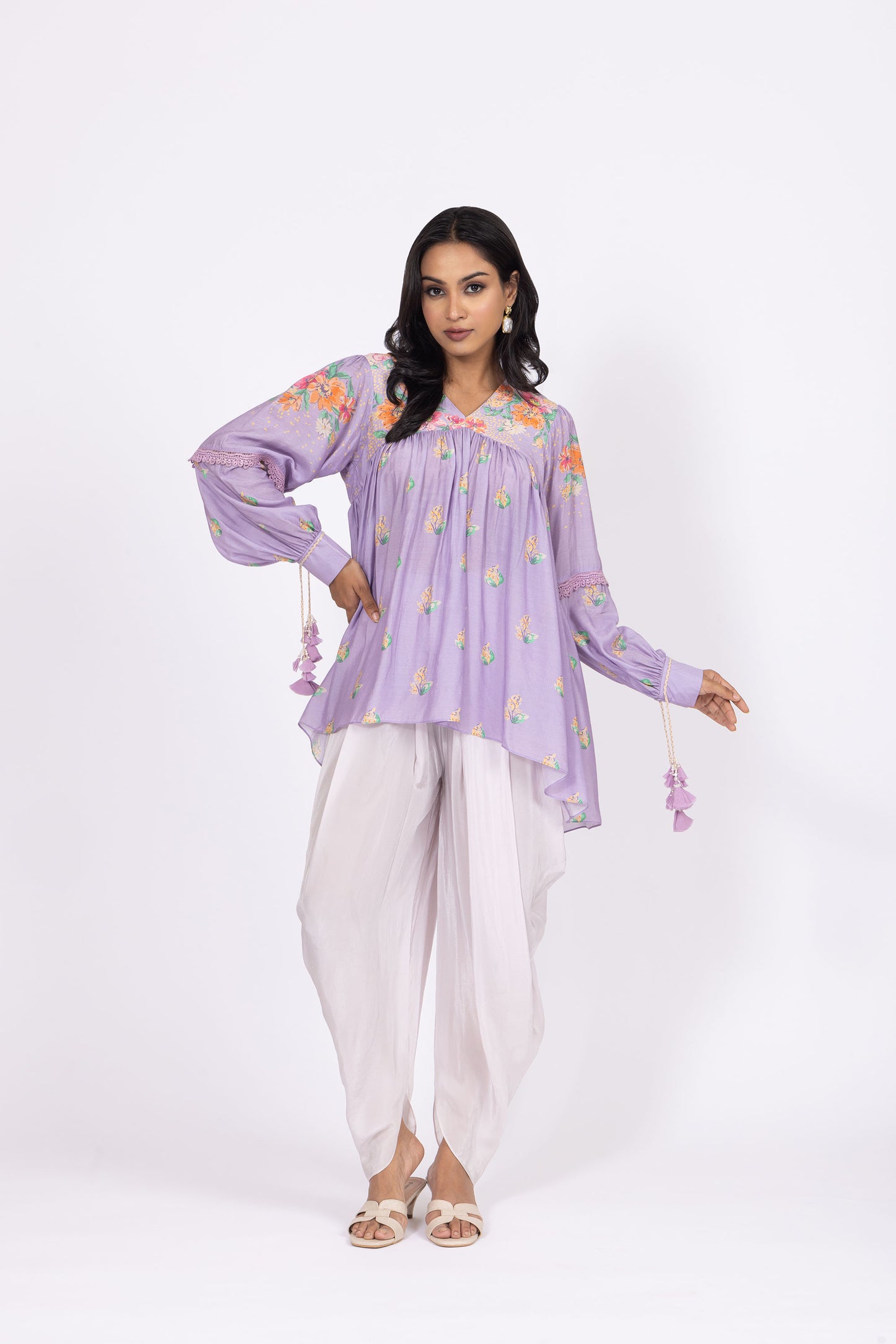 Zoya Floral Embellished Bamber Muslin Top with Lilac Crepe Dhoti