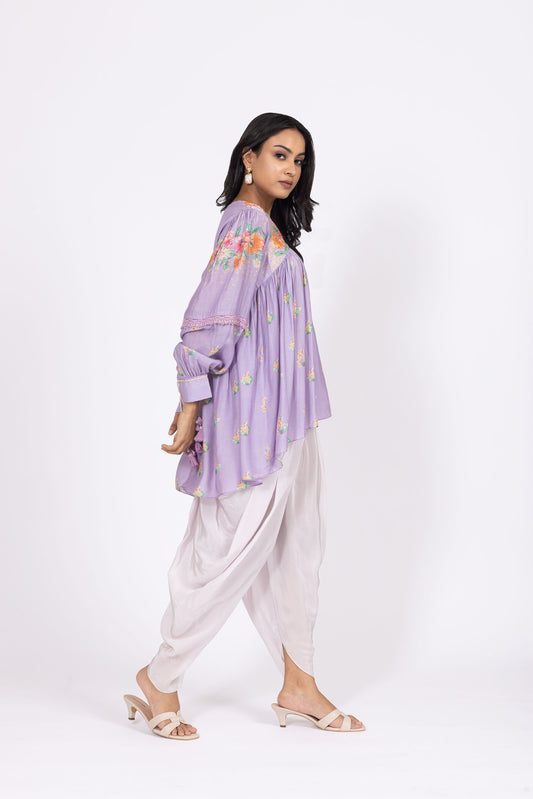 Zoya Floral Embellished Bamber Muslin Top with Lilac Crepe Dhoti