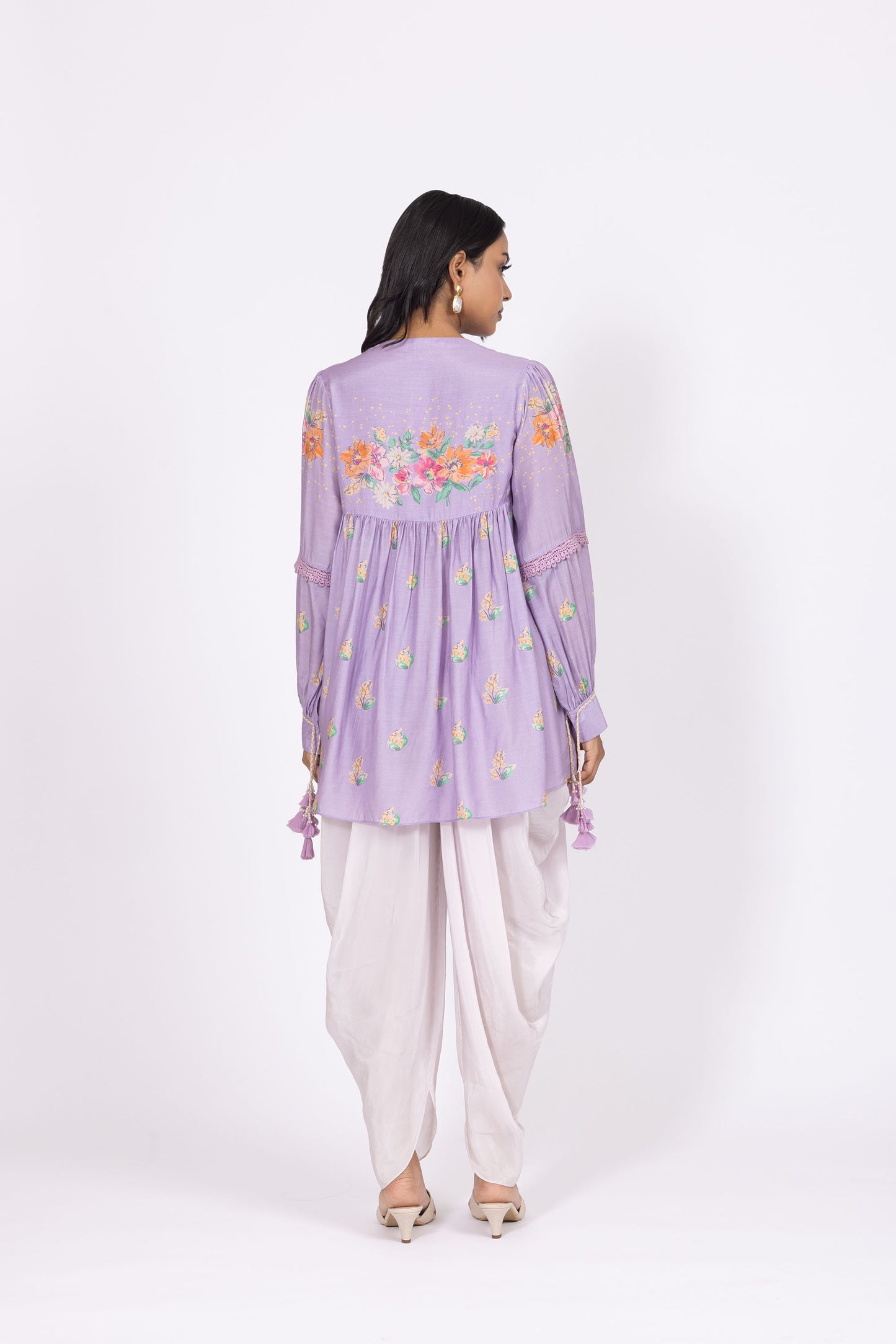 Zoya Floral Embellished Bamber Muslin Top with Lilac Crepe Dhoti