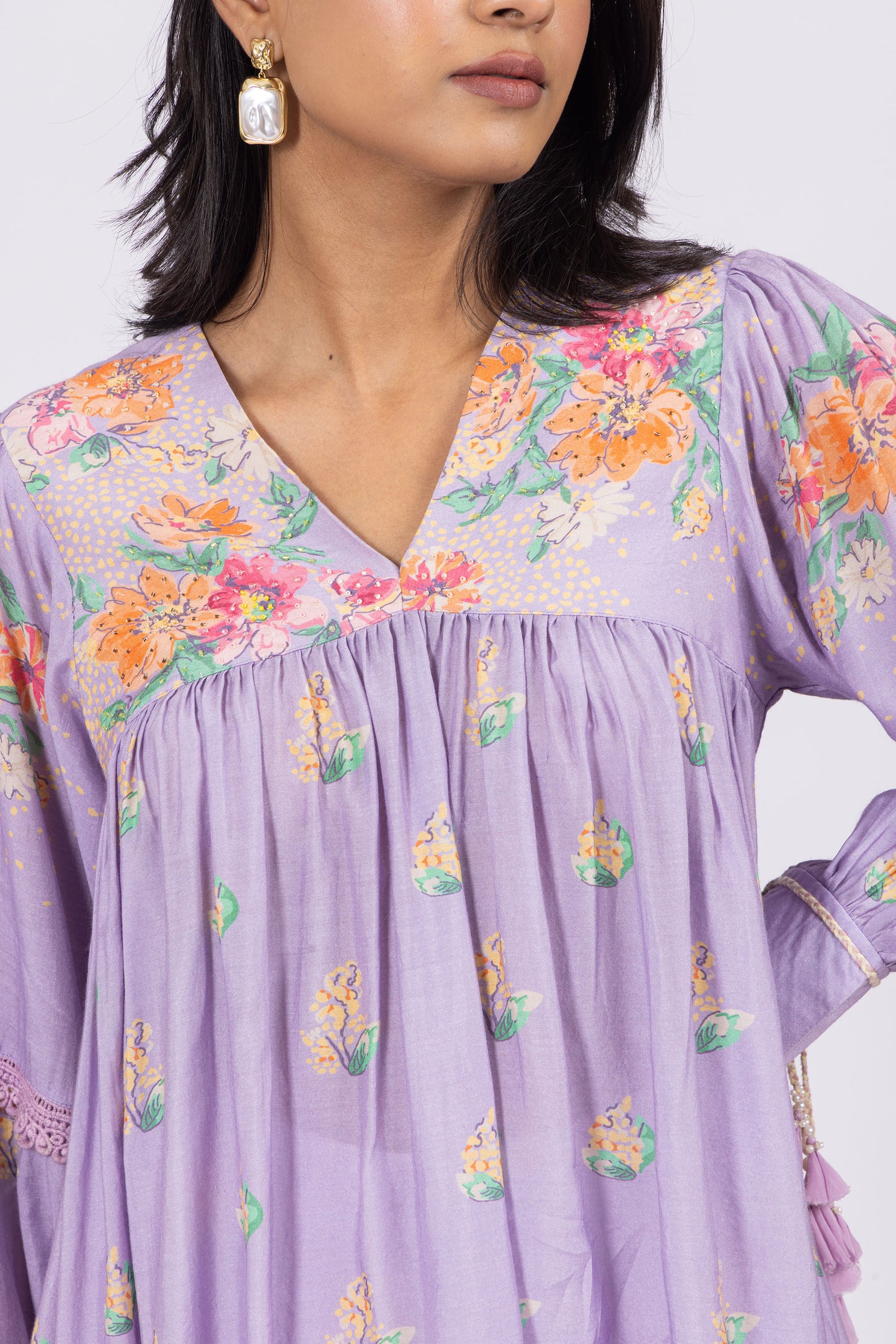 Zoya Floral Embellished Bamber Muslin Top with Lilac Crepe Dhoti