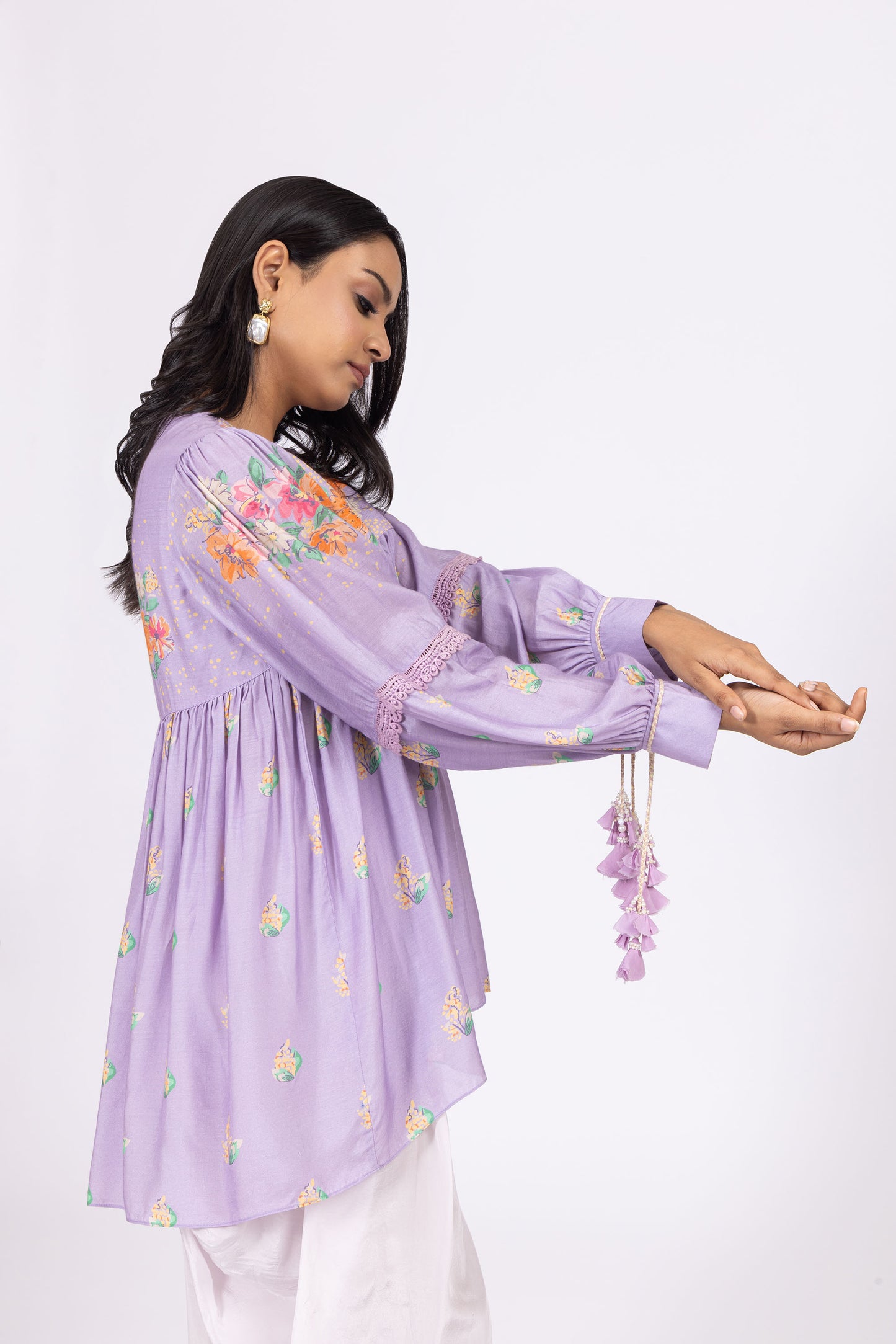 Zoya Floral Embellished Bamber Muslin Top with Lilac Crepe Dhoti