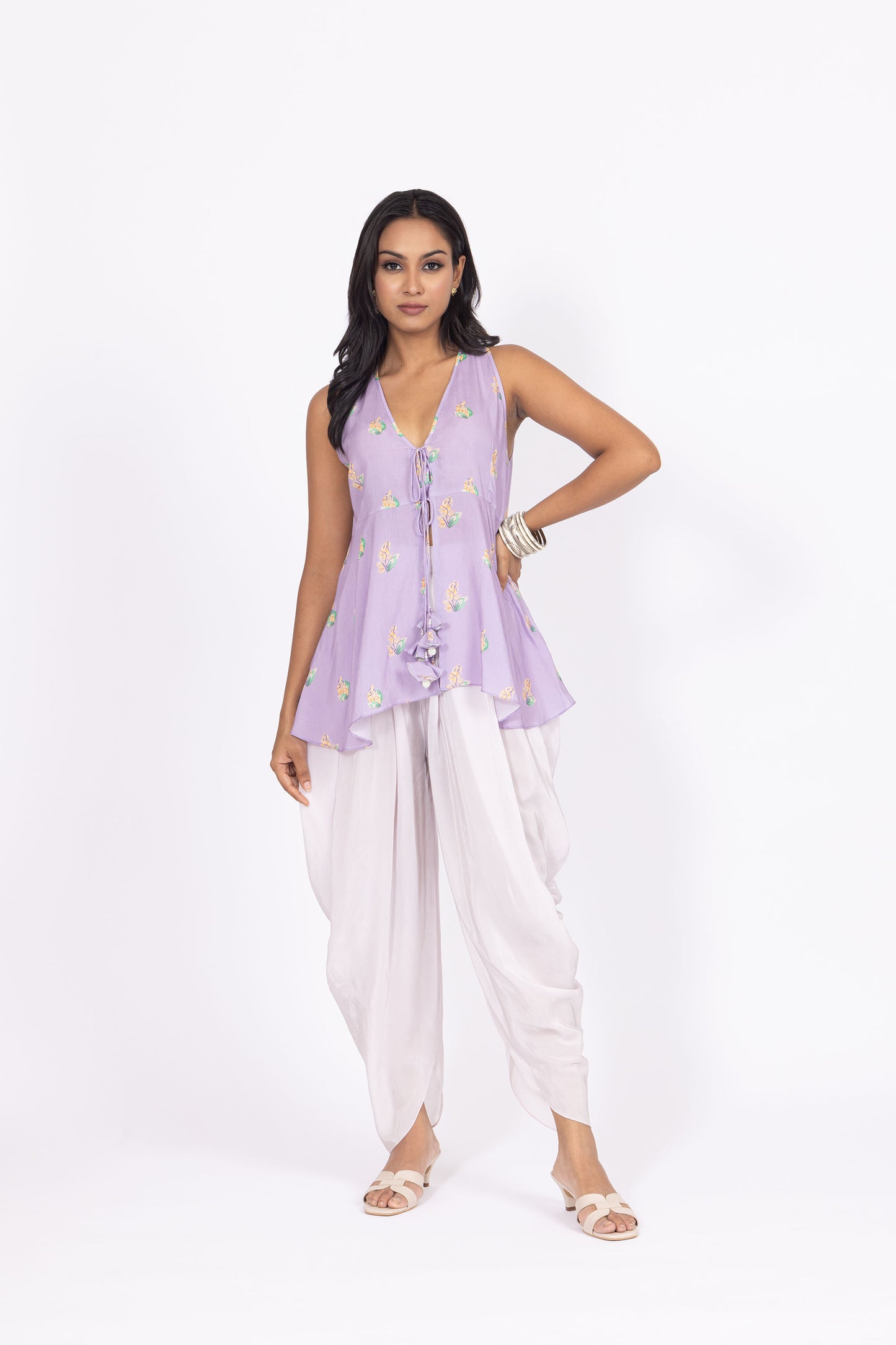 Omina Lavender Sleeveless Peplum Top with White Draped Dhoti Pants