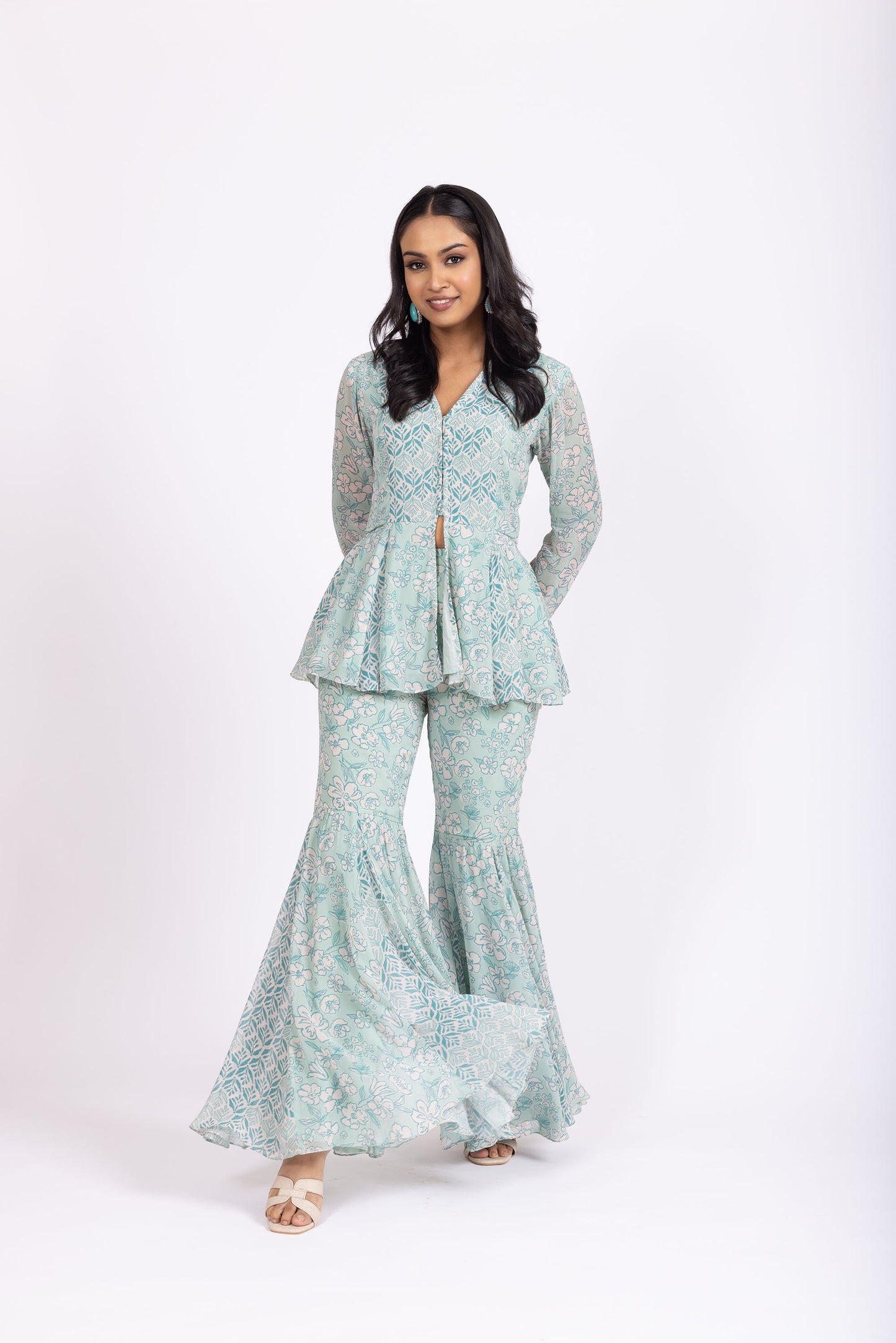IRA Cyan Floral Peplum Top with Matching Sharara
