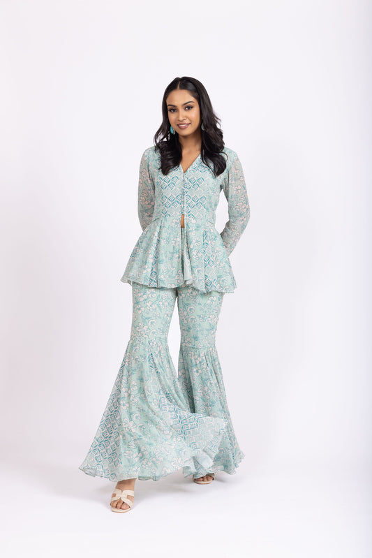 IRA Cyan Floral Peplum Top with Matching Sharara