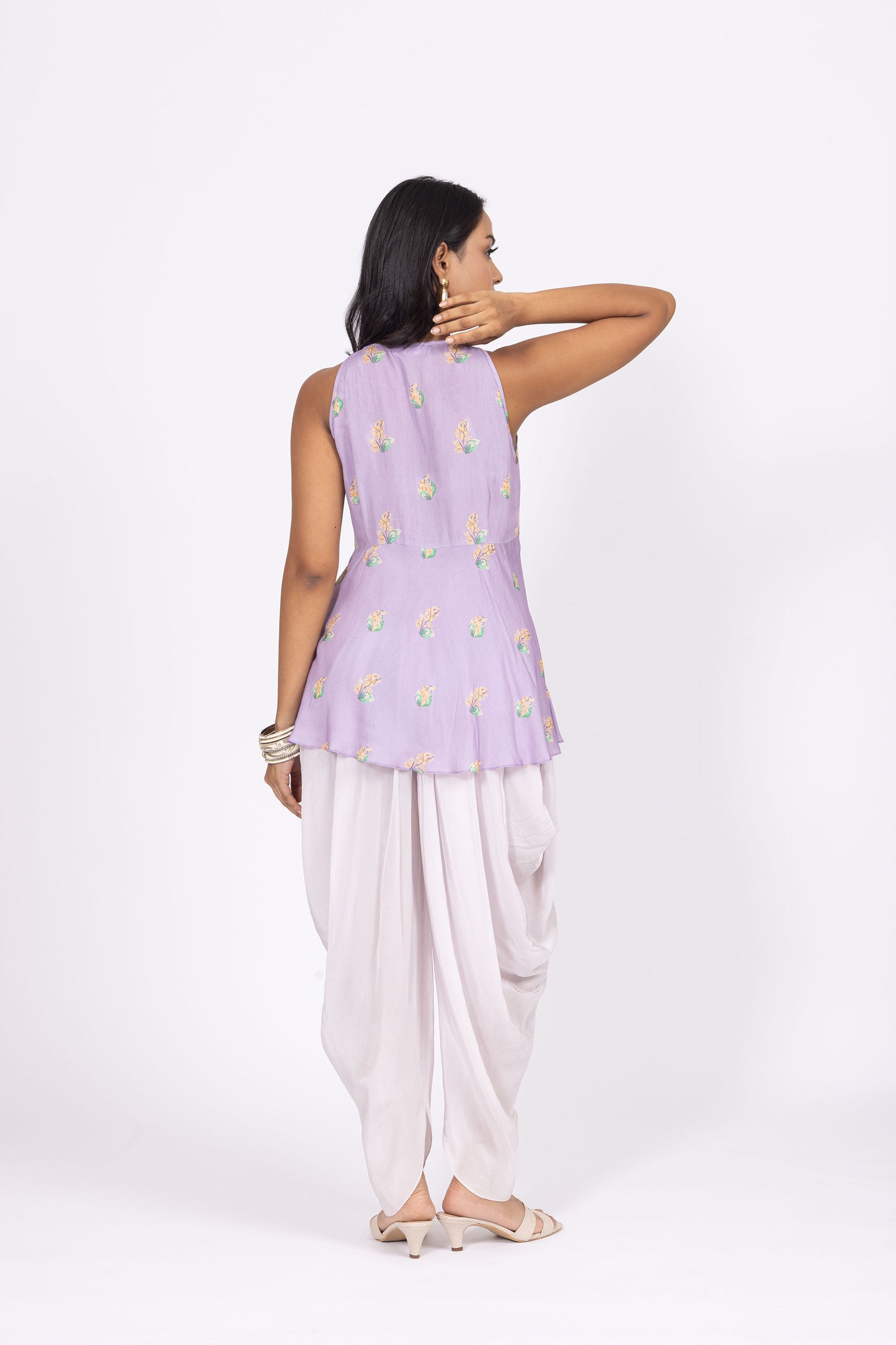 Omina Lavender Sleeveless Peplum Top with White Draped Dhoti Pants