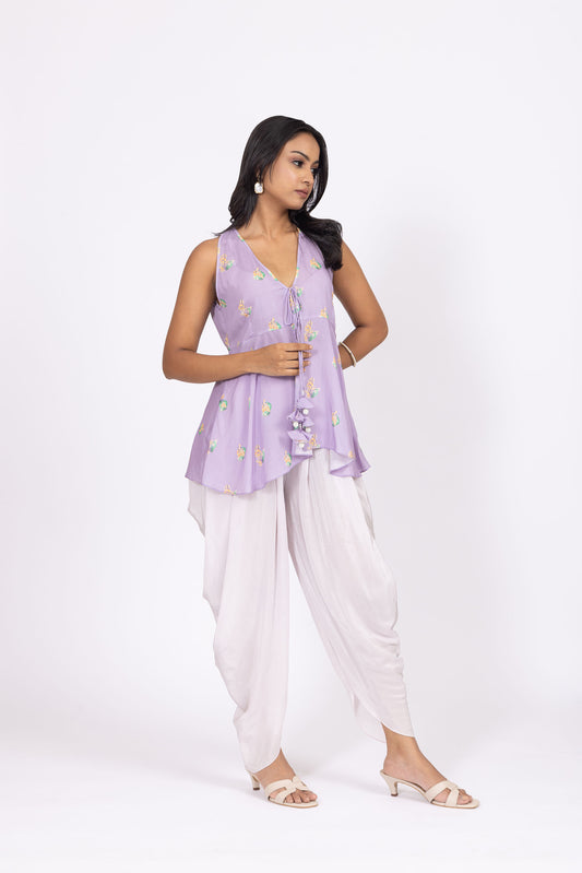 Omina Lavender Sleeveless Peplum Top with White Draped Dhoti Pants