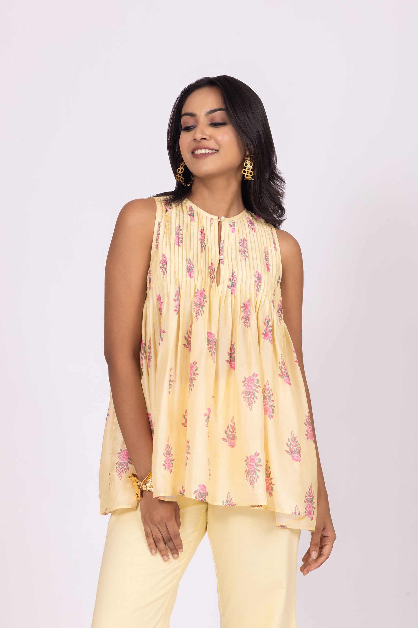 Pakhi Lemon Yellow Floral Printed Sleeveless Co-Ord Set