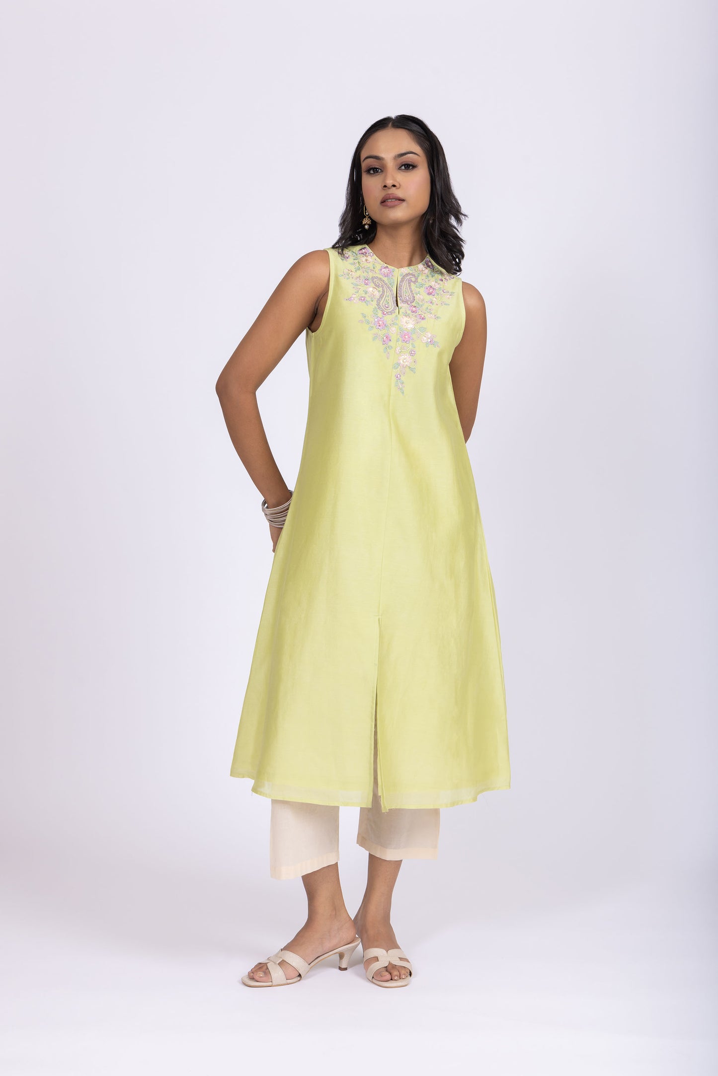Anushka Mint Green Chanderi A-Line Embroidery Kurta Set