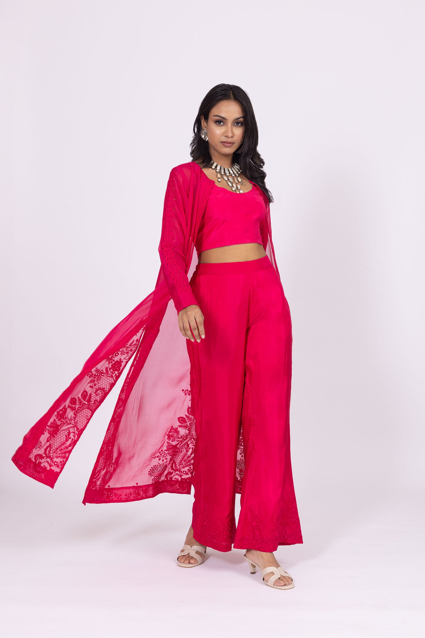 Lolo Raspberry Pink Silk Embroidered Organza Jacket Set