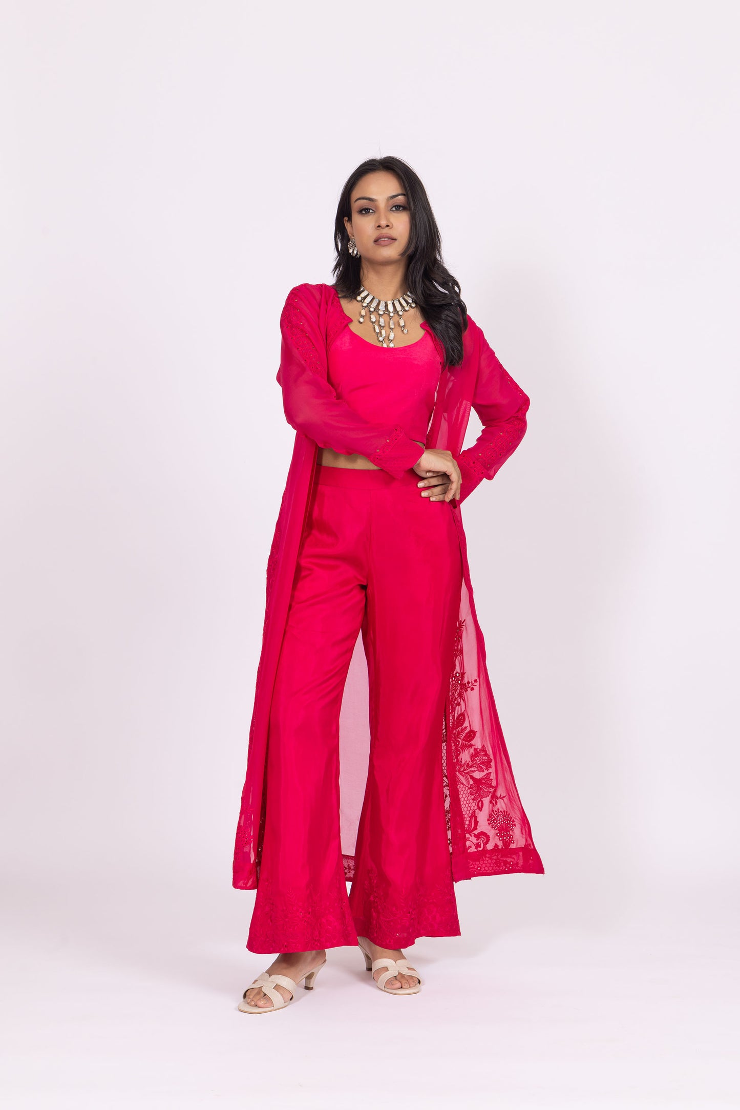 Lolo Raspberry Pink Silk Embroidered Organza Jacket Set