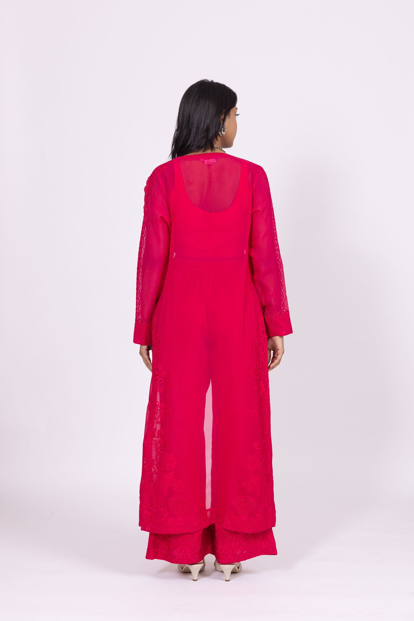 Lolo Raspberry Pink Silk Embroidered Organza Jacket Set