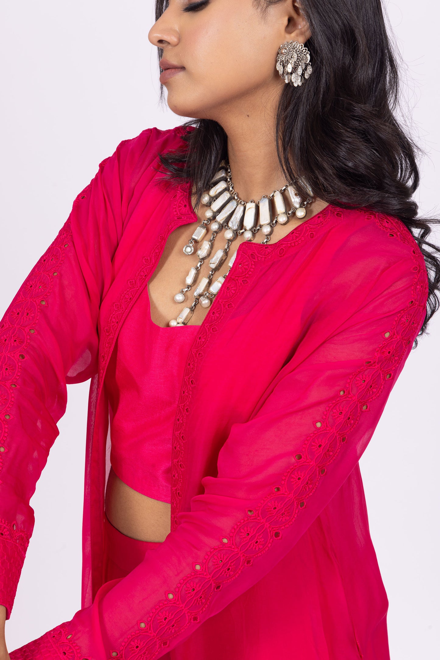 Lolo Raspberry Pink Silk Embroidered Organza Jacket Set