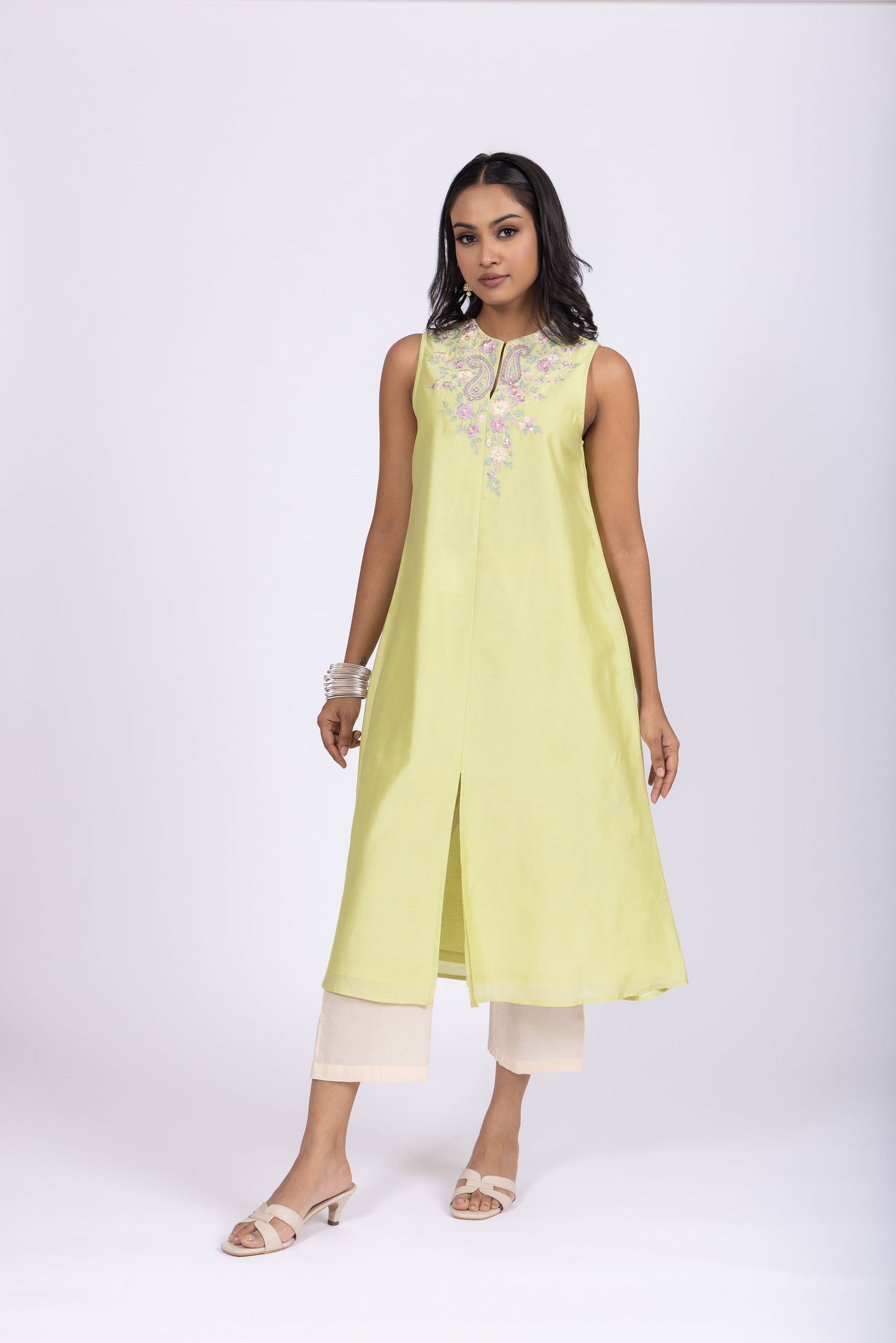 Anushka Mint Green Chanderi A-Line Embroidery Kurta Set
