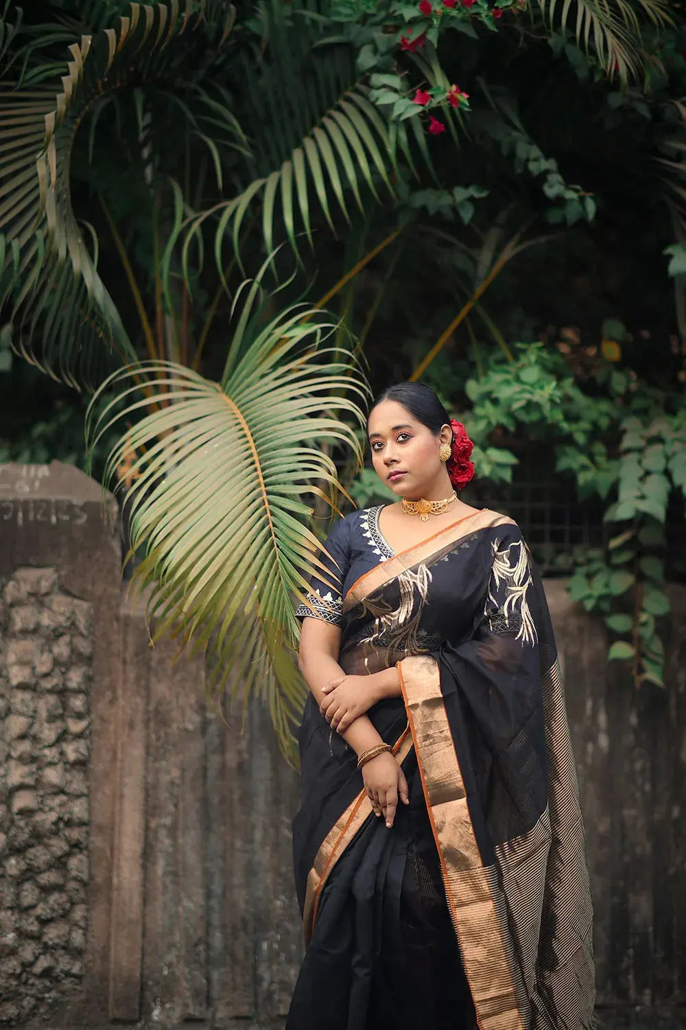 Handloom Black Chanderi Pure Silk Saree With Gold Zari Motifs