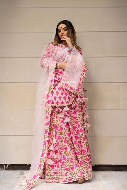 Jarokha Tulsi Pink Cotton Hand Block Skirt set