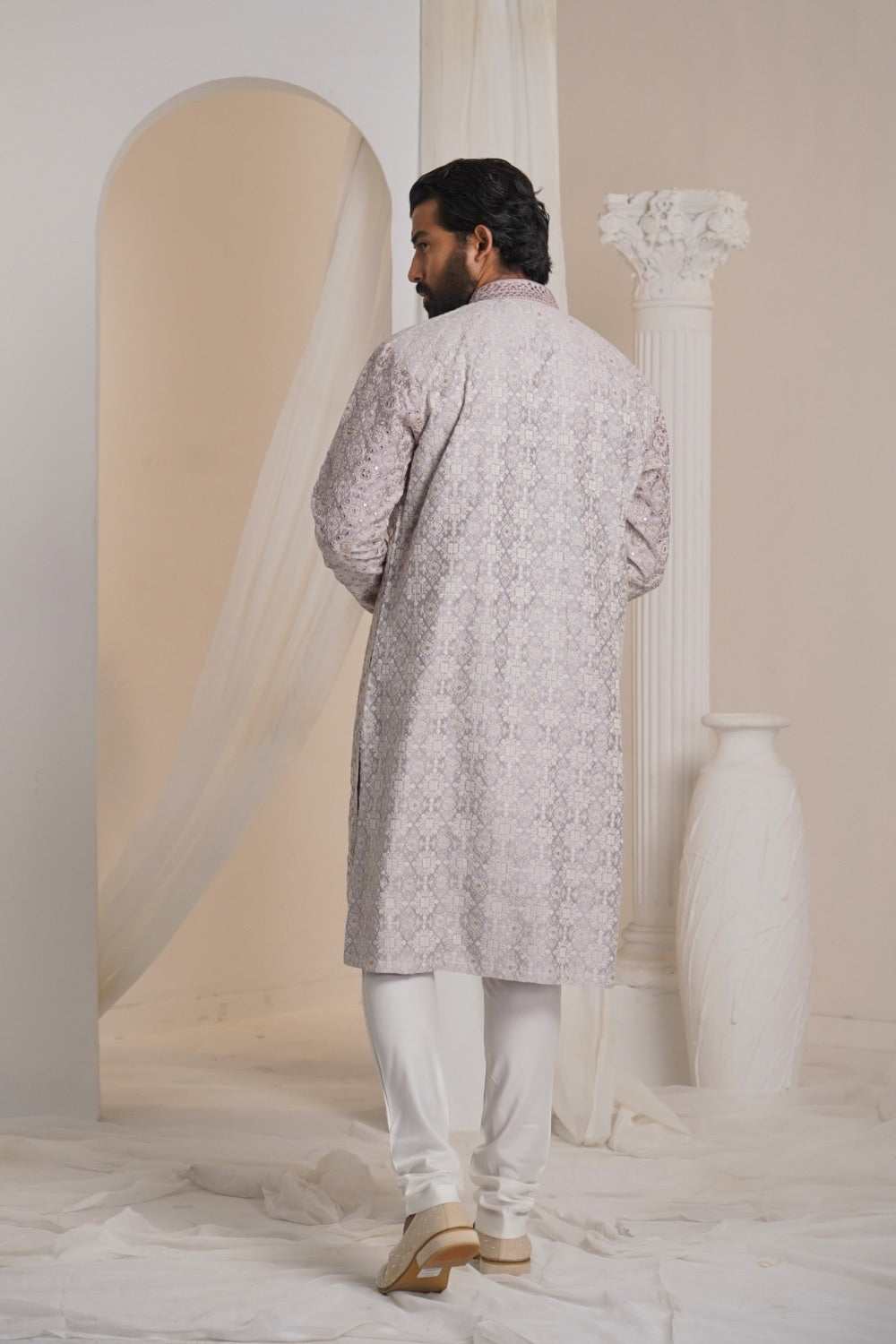 Lilac silk mirror embroidered kurta set