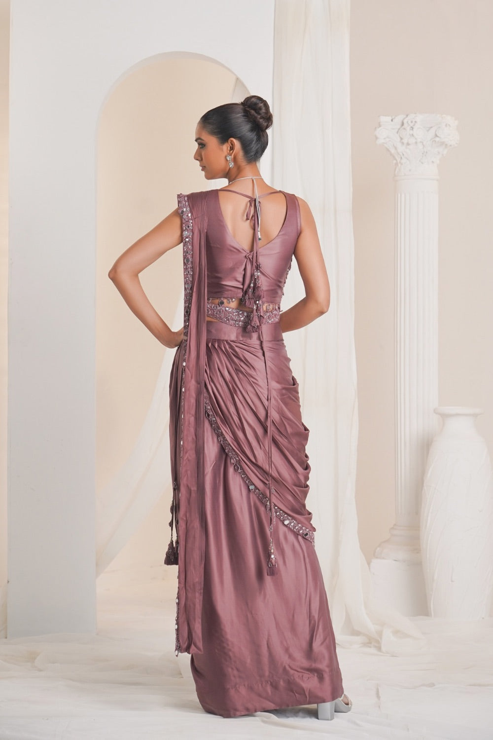 Mauve crepe silk saree with mirror work