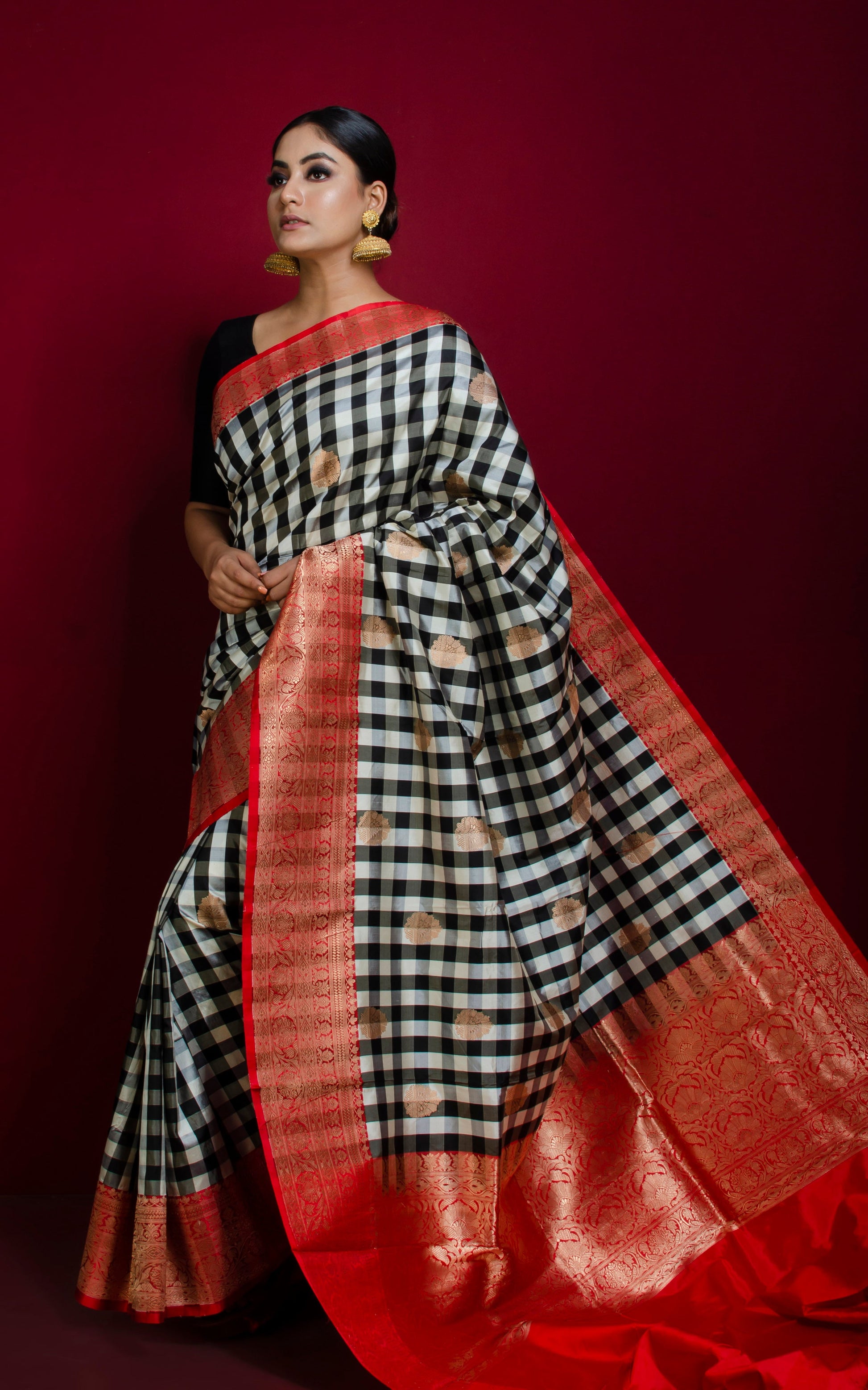Designer Checks Katan Banarasi Silk Saree in Off White, Black and Red