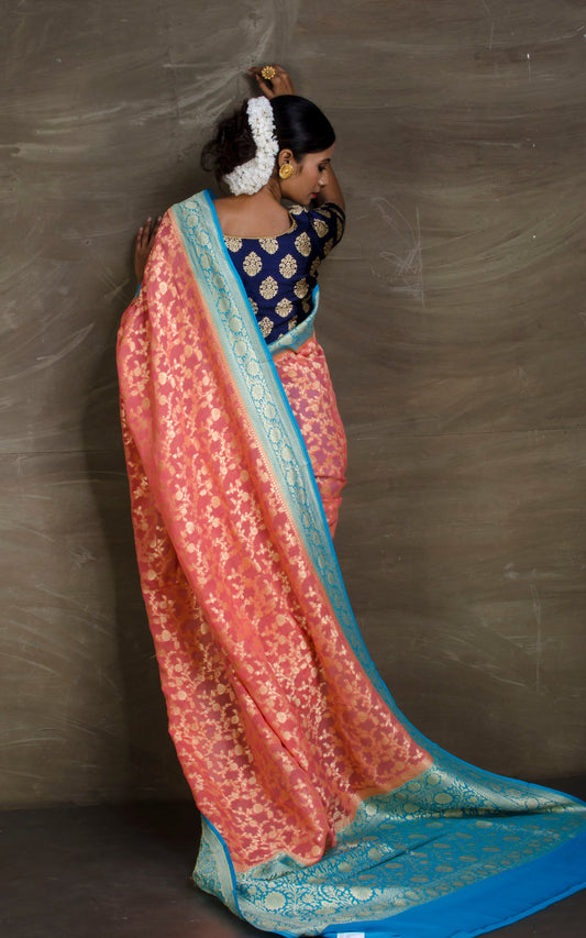 Pure Khaddi Georgette Banarasi Saree in Watermelon and Sky Blue from Bengal Looms India