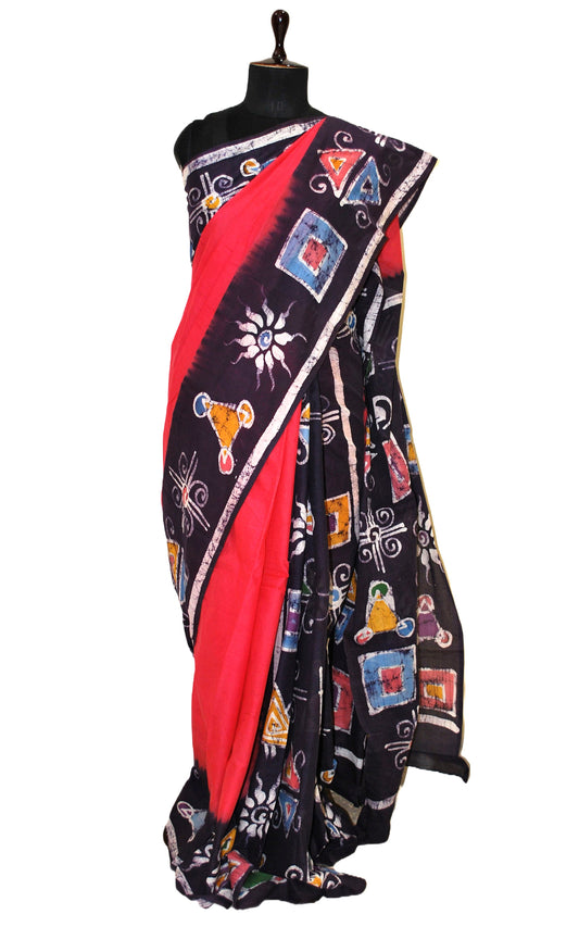 Super Soft Mulmul Cotton Batik Printed Saree in Dark Peach, Soot Black and Multicolored