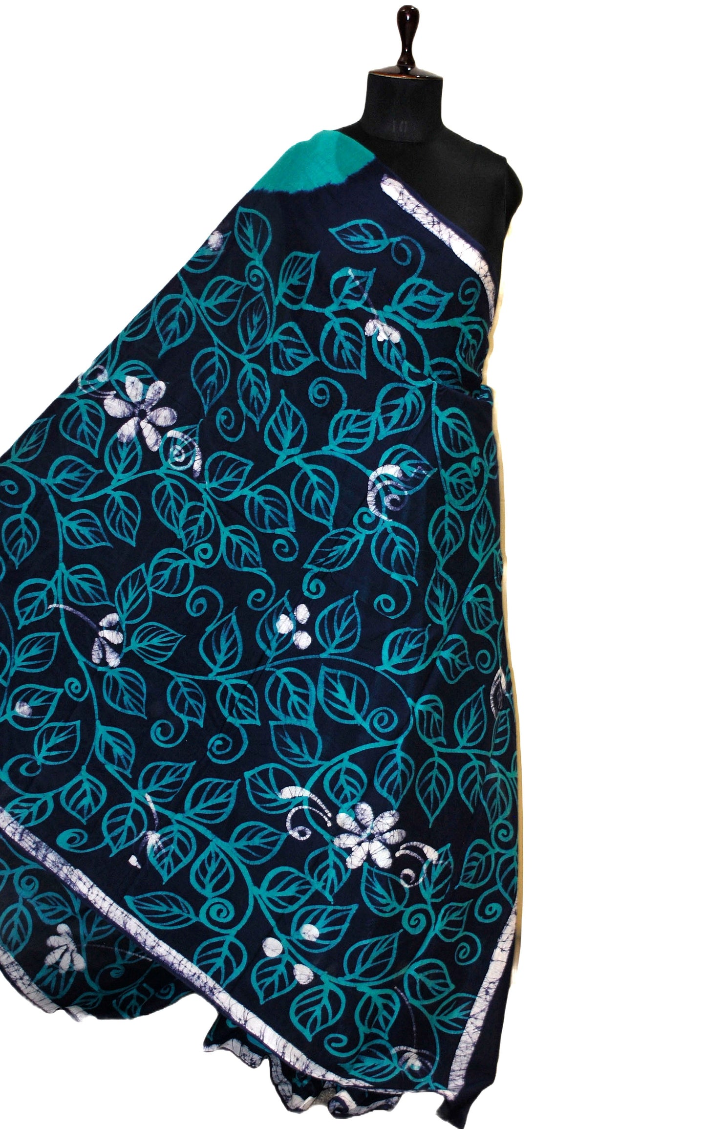 Super Soft Mulmul Cotton Batik Printed Saree in Sea Green, Off White and Midnight Blue