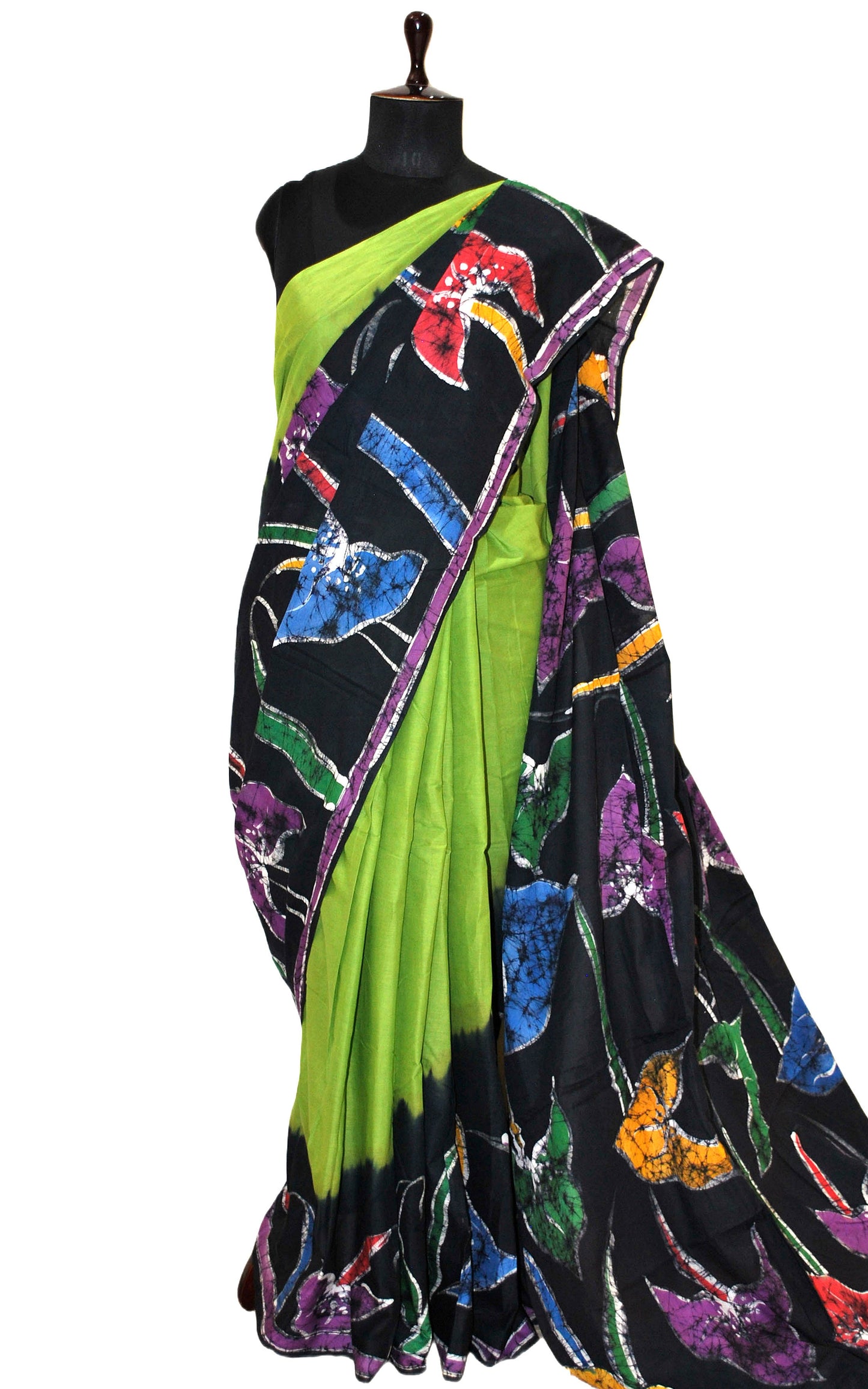 Super Soft Mulmul Cotton Batik Printed Saree in Lime Green, Soot Black and Multicolored