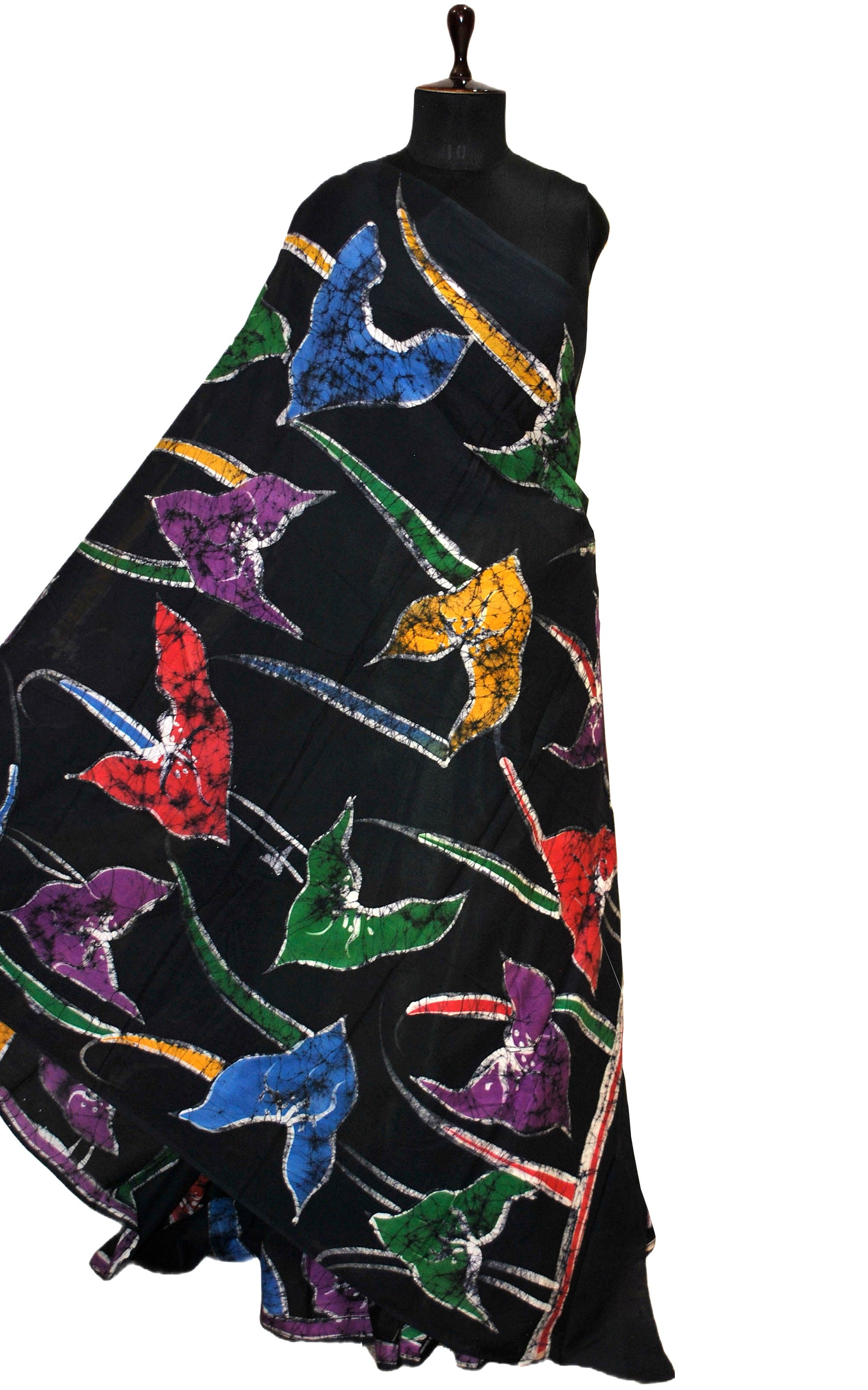 Super Soft Mulmul Cotton Batik Printed Saree in Lime Green, Soot Black and Multicolored