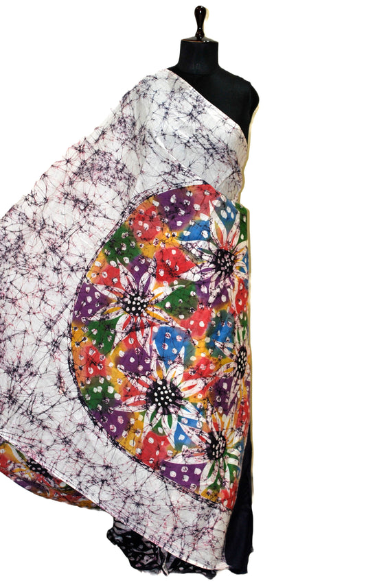 Super Soft Mulmul Cotton Batik Printed Saree in Pale White, Blackcurrant and Multicolored