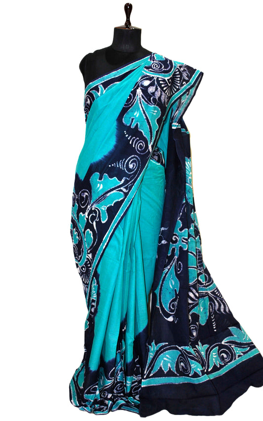Super Soft Mulmul Cotton Batik Printed Saree in Sea Green, Midnight Blue and Off White