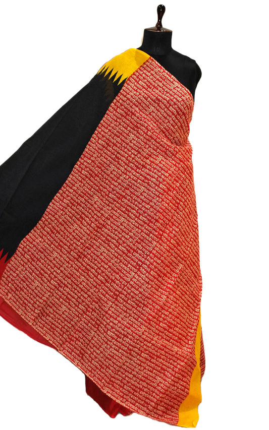 Mulmul Cotton Batik Printed Saree in Black, Yellow and Red