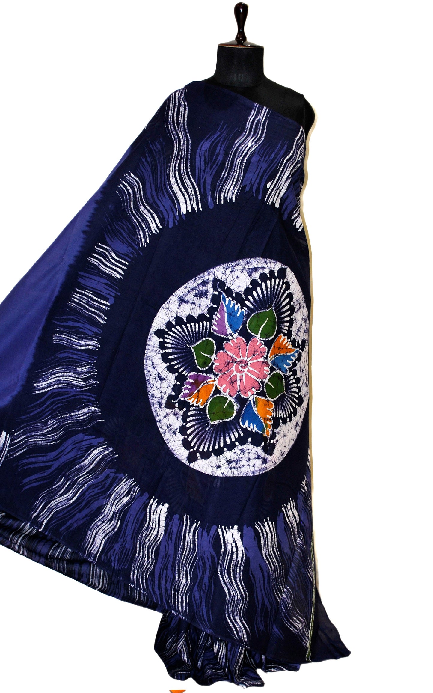 Super Soft Mulmul Cotton Batik Printed Saree in Cincinnati Blue, Midnight Blue and Multicolored