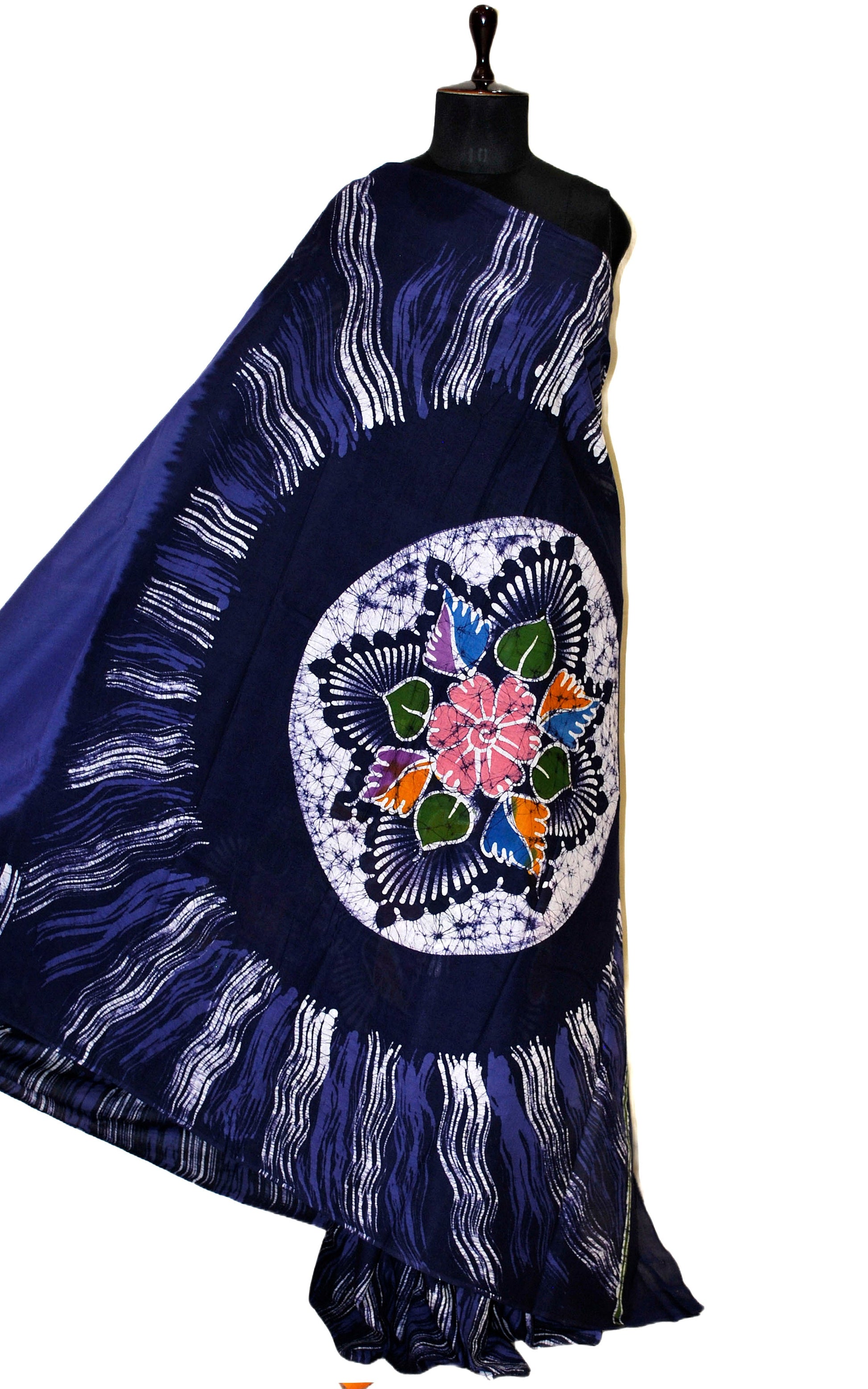 Super Soft Mulmul Cotton Batik Printed Saree in Cincinnati Blue, Midnight Blue and Multicolored