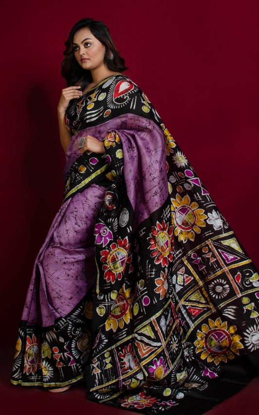 Hand Batik Pure Silk Saree in Lavender Purple, Black and Multicolored