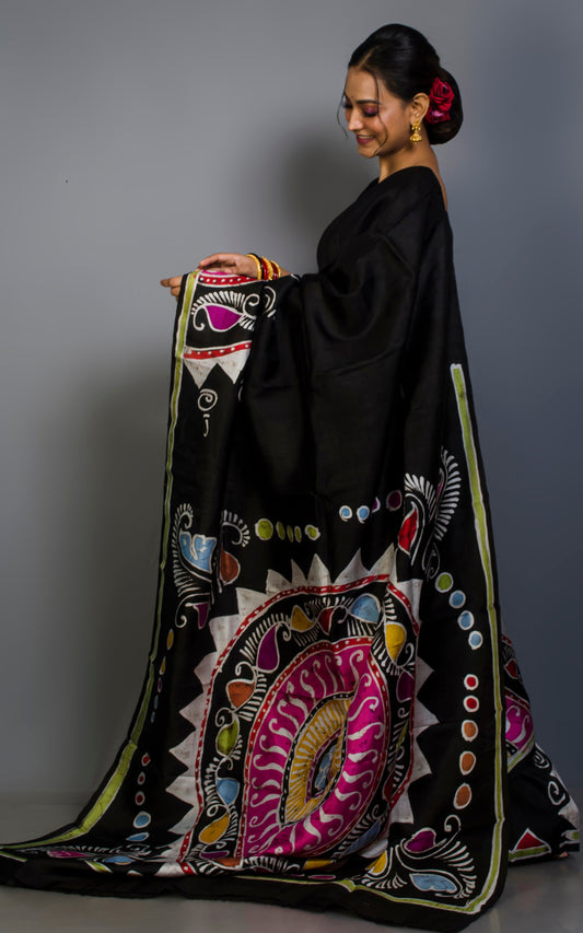 Hand Batik Pure Silk Saree in Grease Black, Off White, Hot Pink and Multicolored