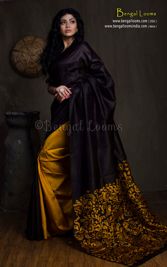 Hand Batik Pure Silk Saree in Snuff Brown and Amber Yellow