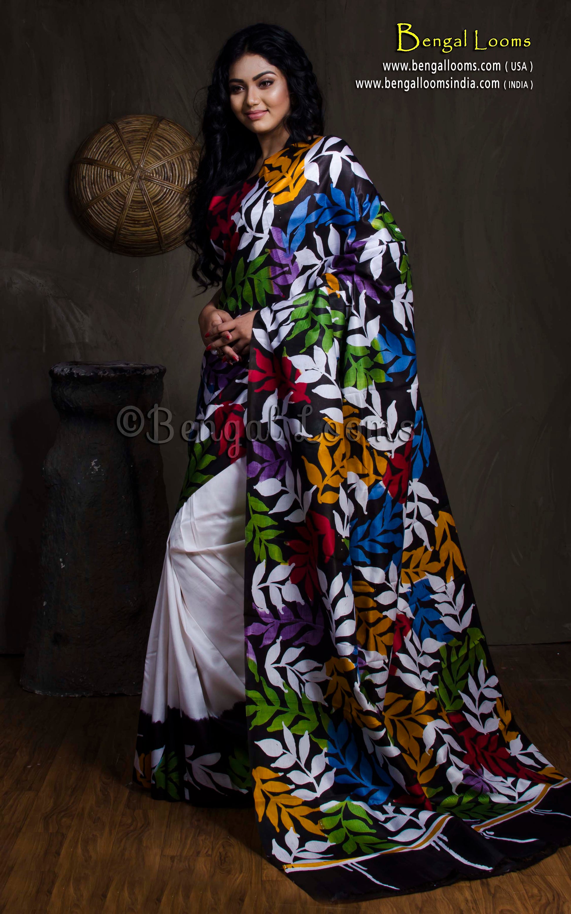 Hand Batik Pure Silk Saree in Off White, Black and Multicolored