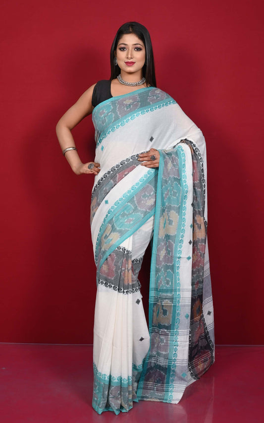 Begampuri Bengal Handloom Sambalpuri Kotki  Cotton Saree in White and Multicolored