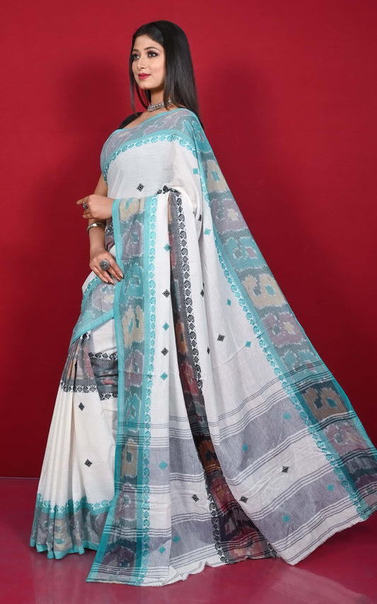 Begampuri Bengal Handloom Sambalpuri Kotki  Cotton Saree in White and Multicolored