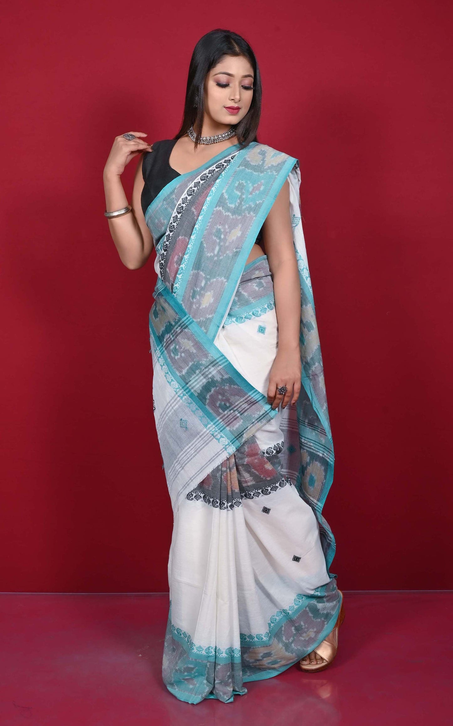 Begampuri Bengal Handloom Sambalpuri Kotki  Cotton Saree in White and Multicolored